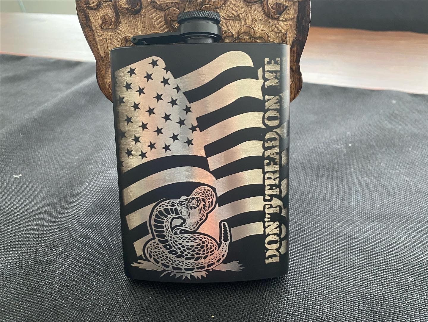 Don't Tread on Me Flask/ Personalized Flask/ Novelty Flask/ Alcohol Flask/ Custom Flask/ Black Hip Flask/ Laser Engraved Flask/8 oz Flask