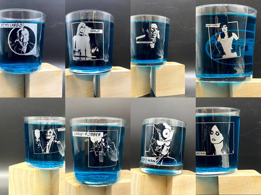 Pop culture character set/ Repo drinking set/ Repo glass/ Graverobber glass/ glass etched drink set